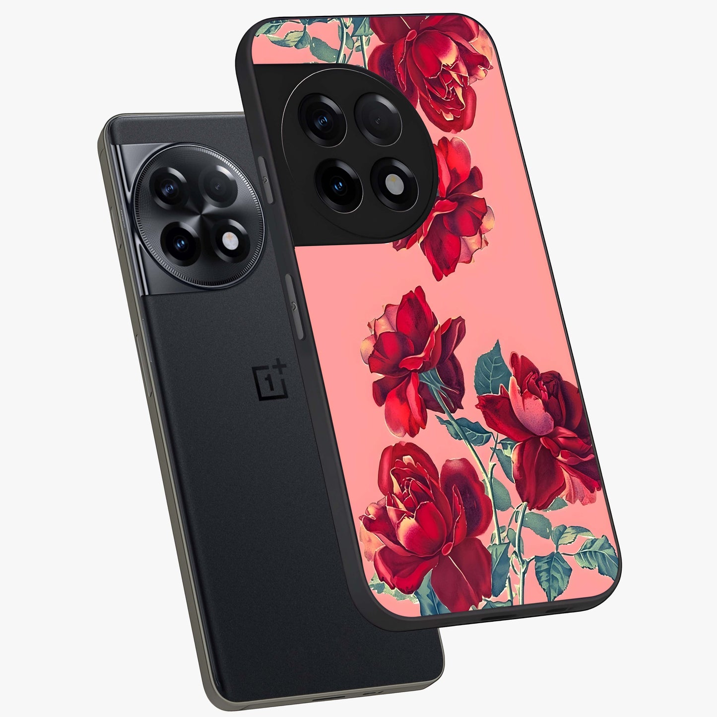 Vintage Rose Beauty Glass Case for 1+11R angled mockup showcasing glossy finish and romantic detailing