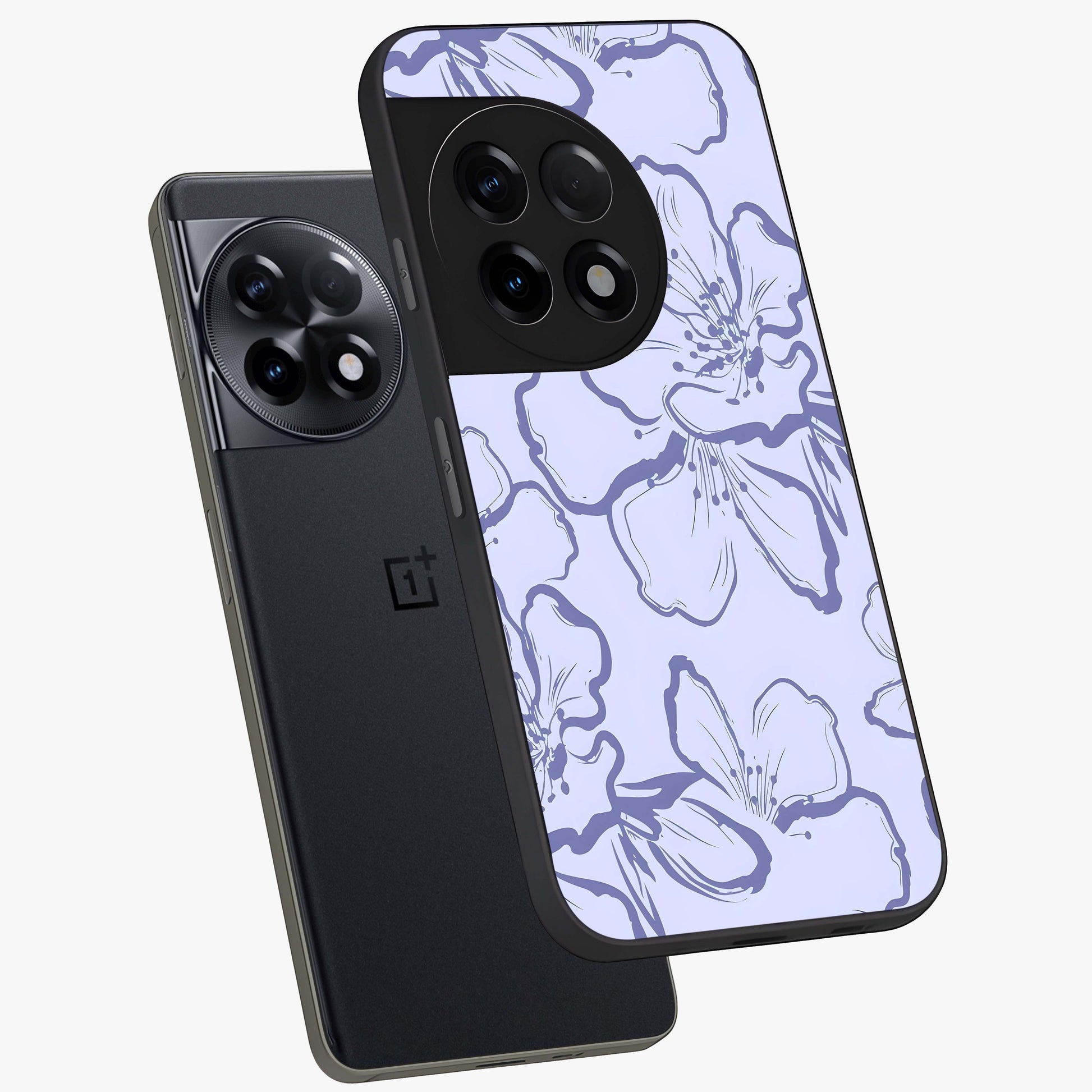 Violet Sketch Garden Glass Case for 1+11R angled mockup showcasing glossy finish and delicate line detailing