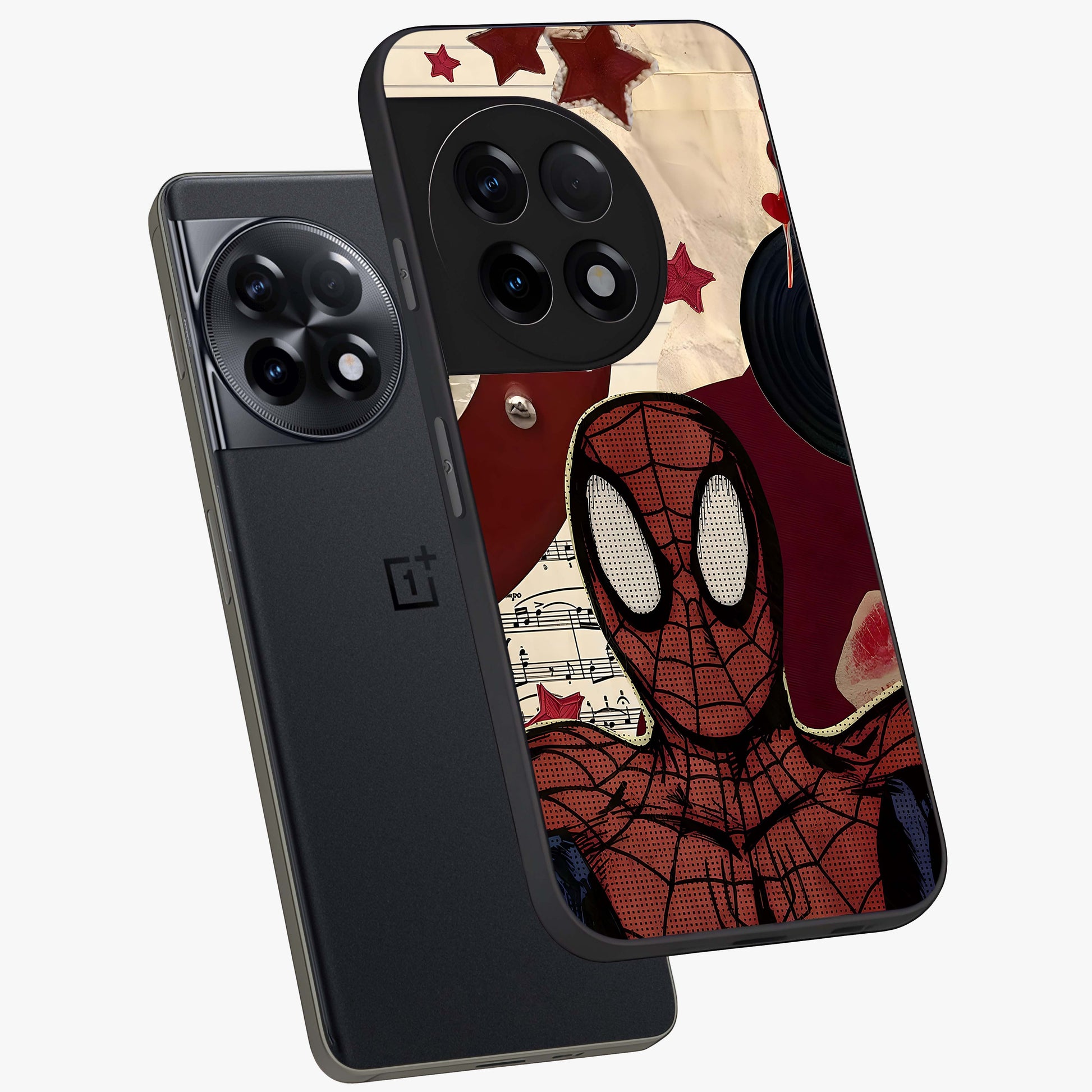 Web Warrior Vibes Glass Case for 1+11R angled mockup showcasing glossy finish and bold comic style detailing