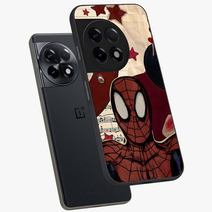 Web Warrior Vibes Glass Case for 1+11R angled mockup showcasing glossy finish and bold comic style detailing