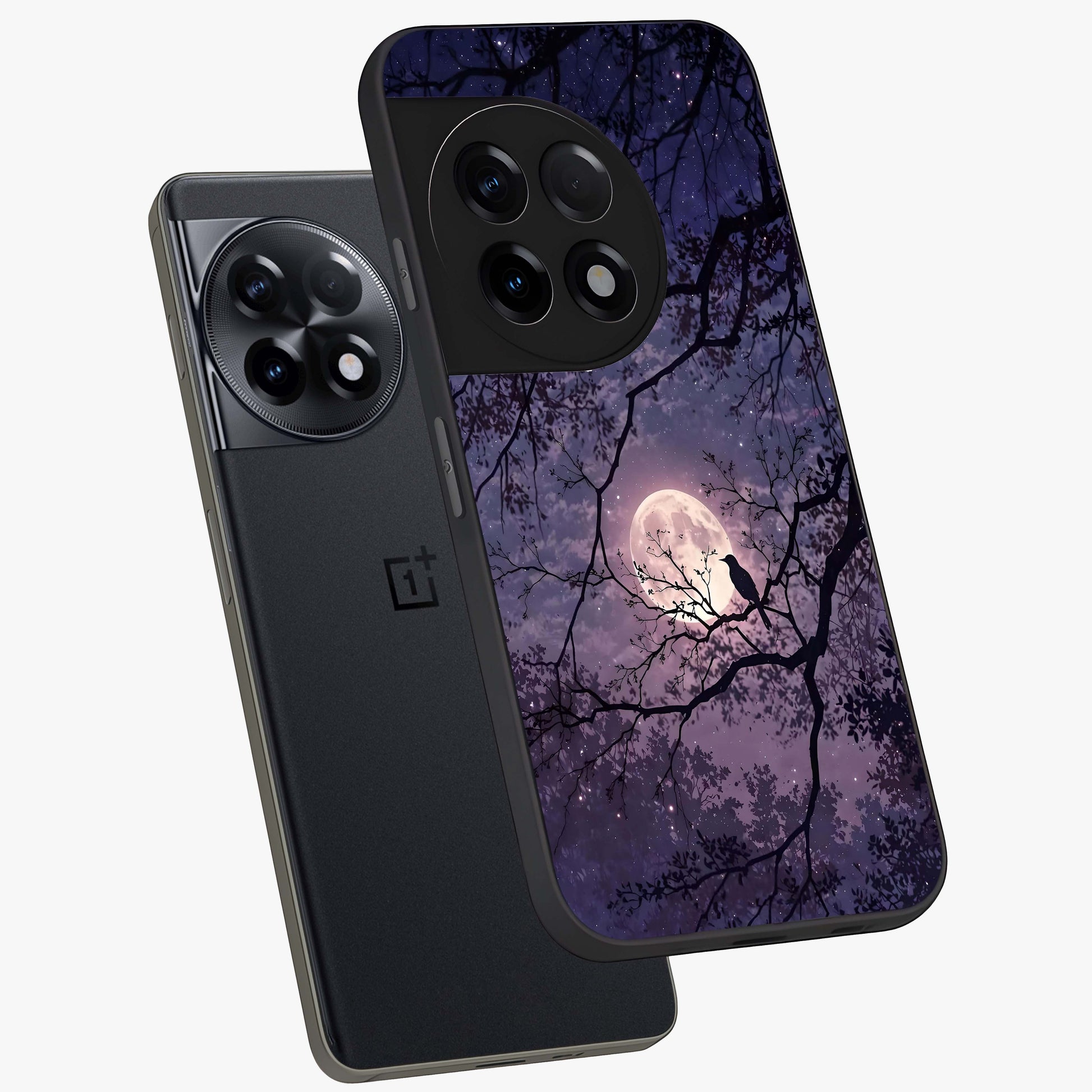 Whispering Moon Silence Glass Case for 1+11R angled mockup showcasing glossy finish and subtle celestial detailing