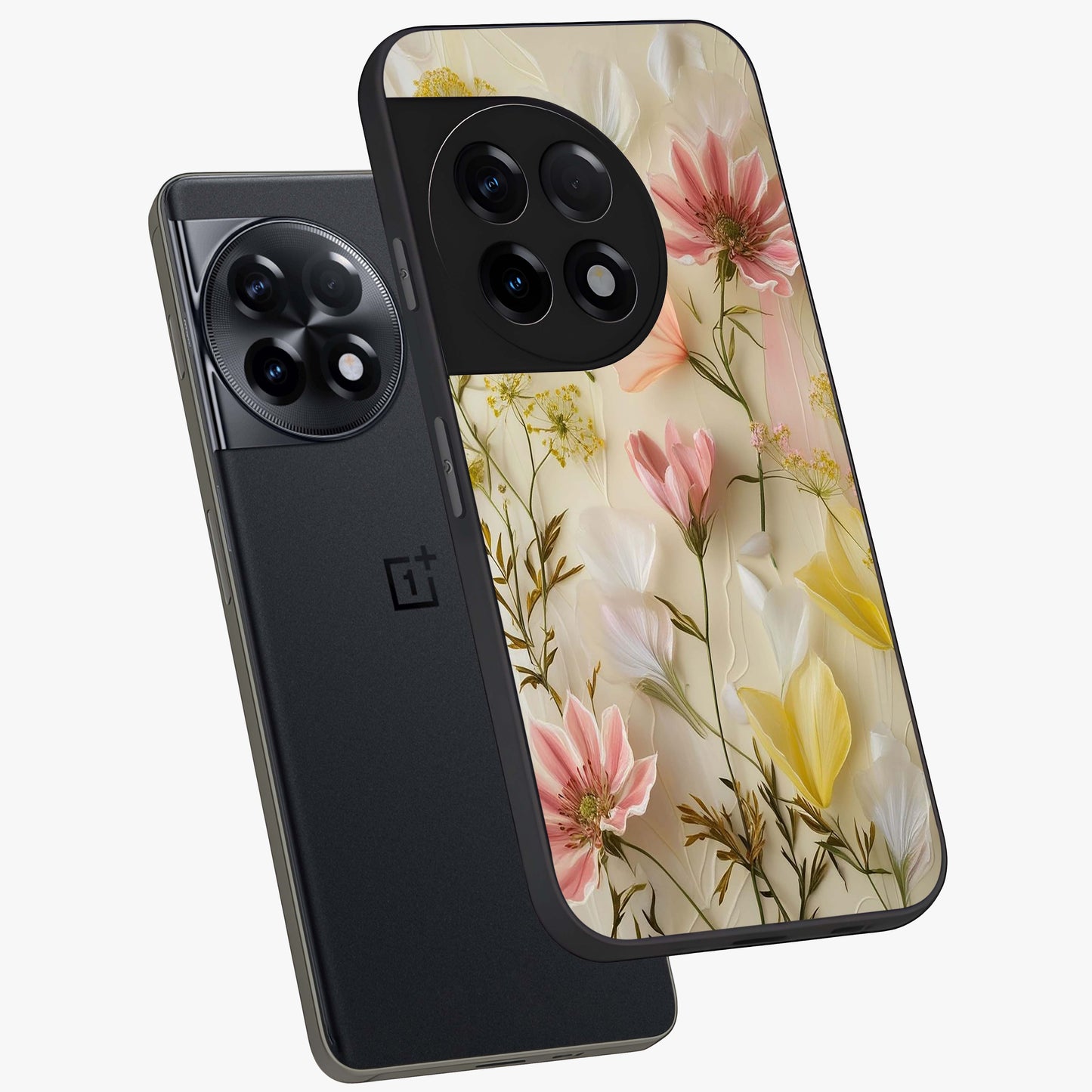 Whispering Petal Harmony Glass Case for 1+11R angled mockup showcasing glossy finish and delicate bloom detailing