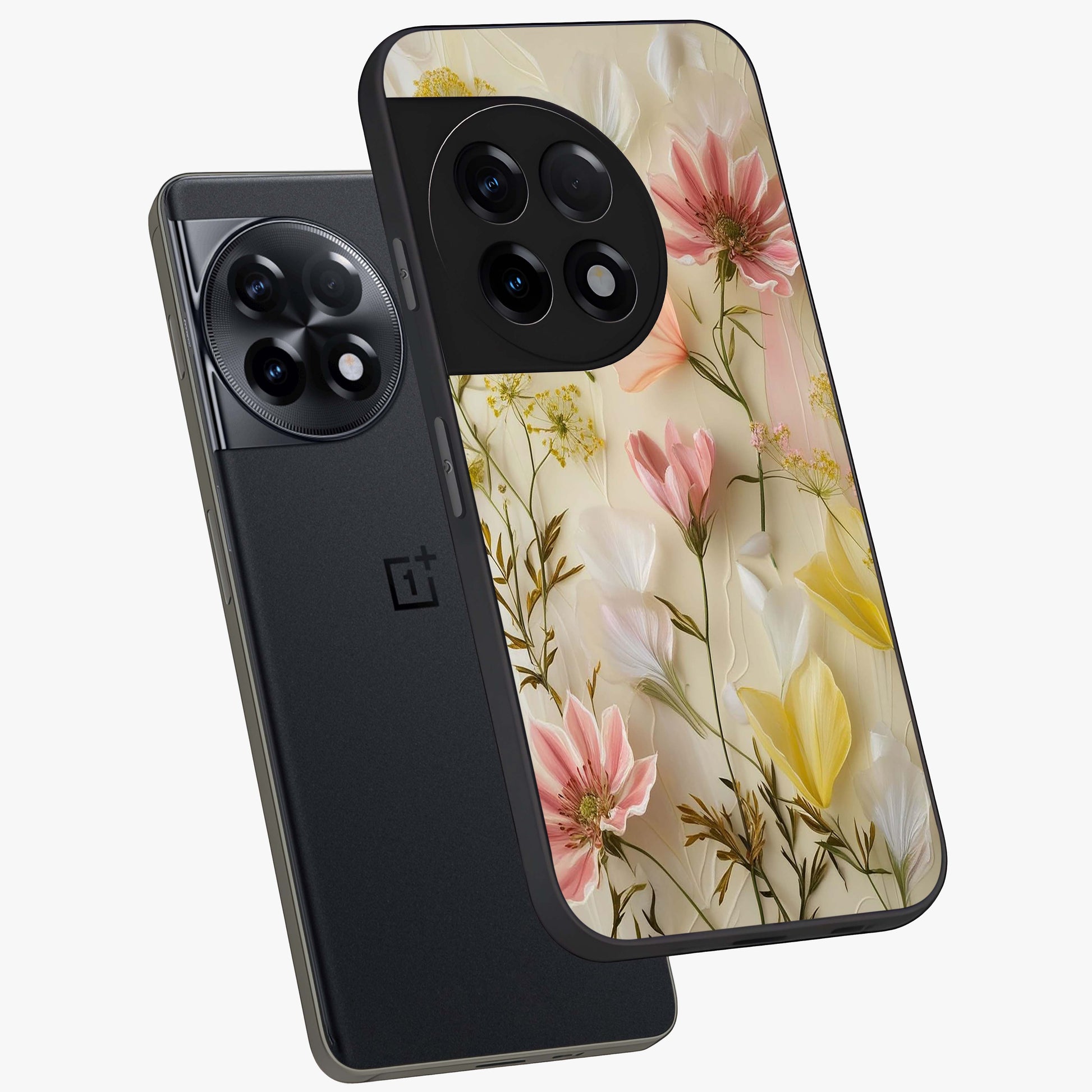 Whispering Petal Harmony Glass Case for 1+11R angled mockup showcasing glossy finish and delicate bloom detailing