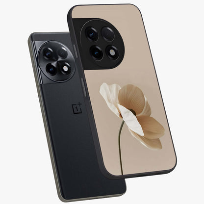 Whispering Petals Glass Case for 1+11R angled mockup showcasing glossy finish and muted romantic tones