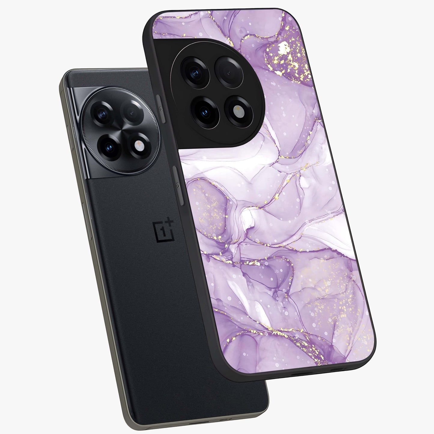 White and Purple Marble Glass Case for 1+11R angled mockup showcasing glossy finish and refined stone detailing