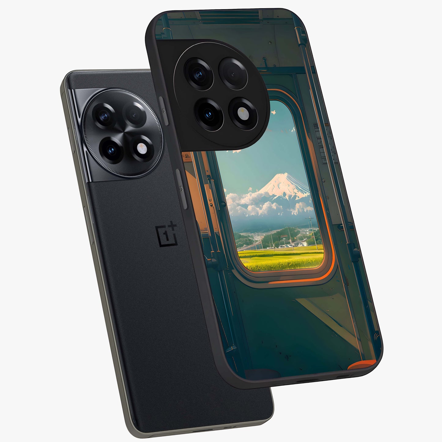 Window to Fuji Glass Case for 1+11R angled mockup showcasing glossy finish and serene landscape tones