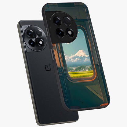 Window to Fuji Glass Case for 1+11R angled mockup showcasing glossy finish and serene landscape tones