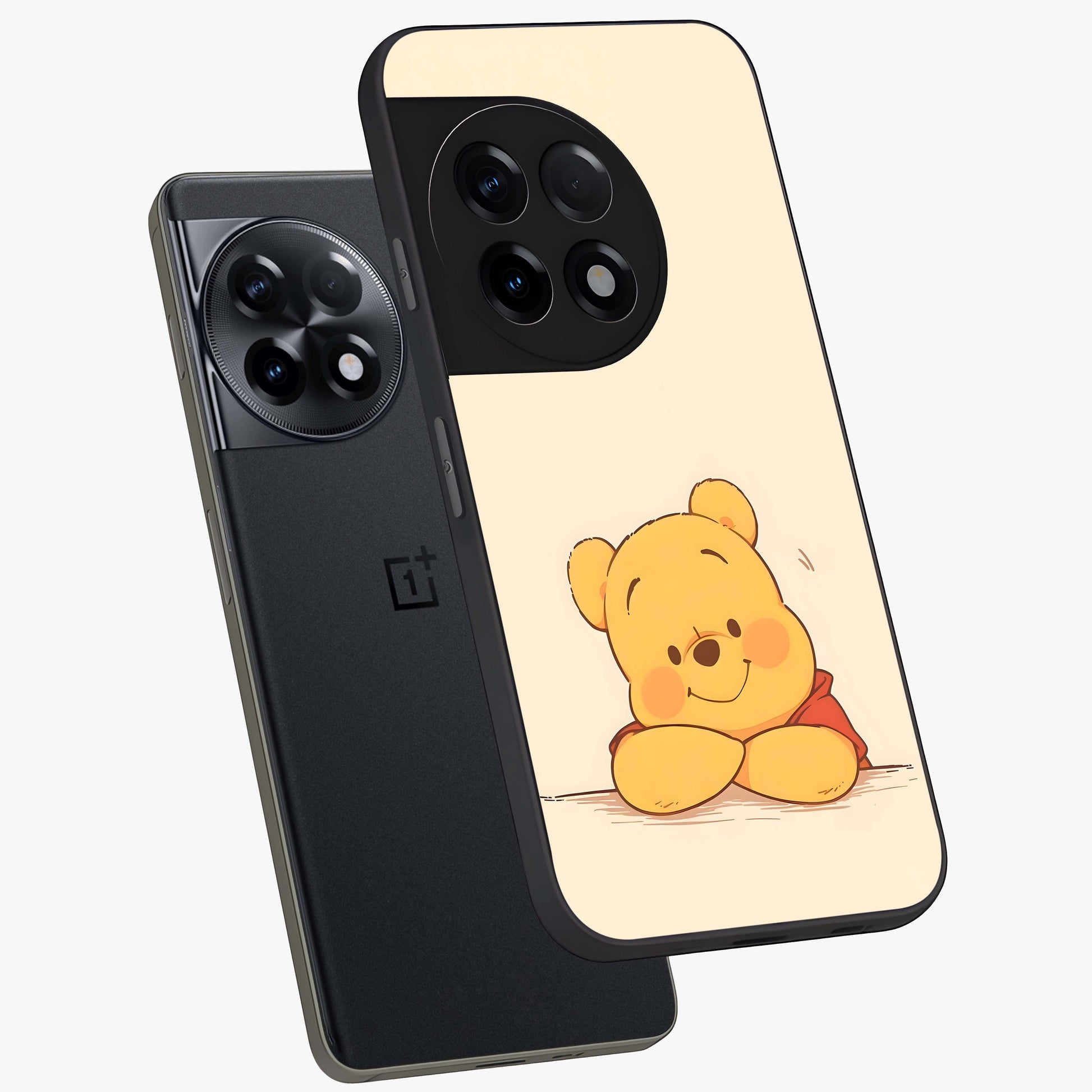 Winniethe Pooh Glass Case for 1+11R angled mockup showcasing glossy finish and soft playful tones