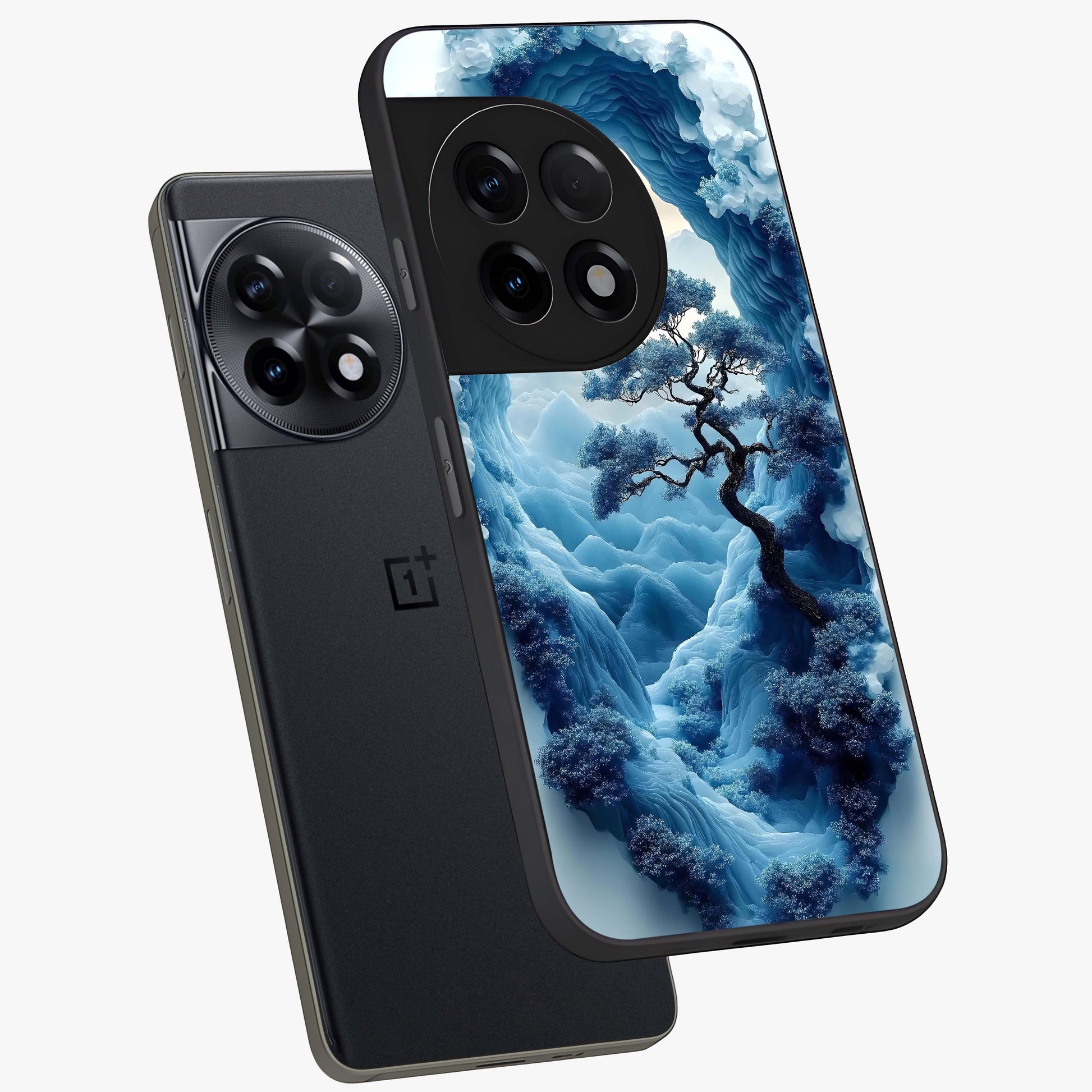 Winter Gate View Glass Case for 1+11R angled mockup showcasing glossy finish and cool winter gradients