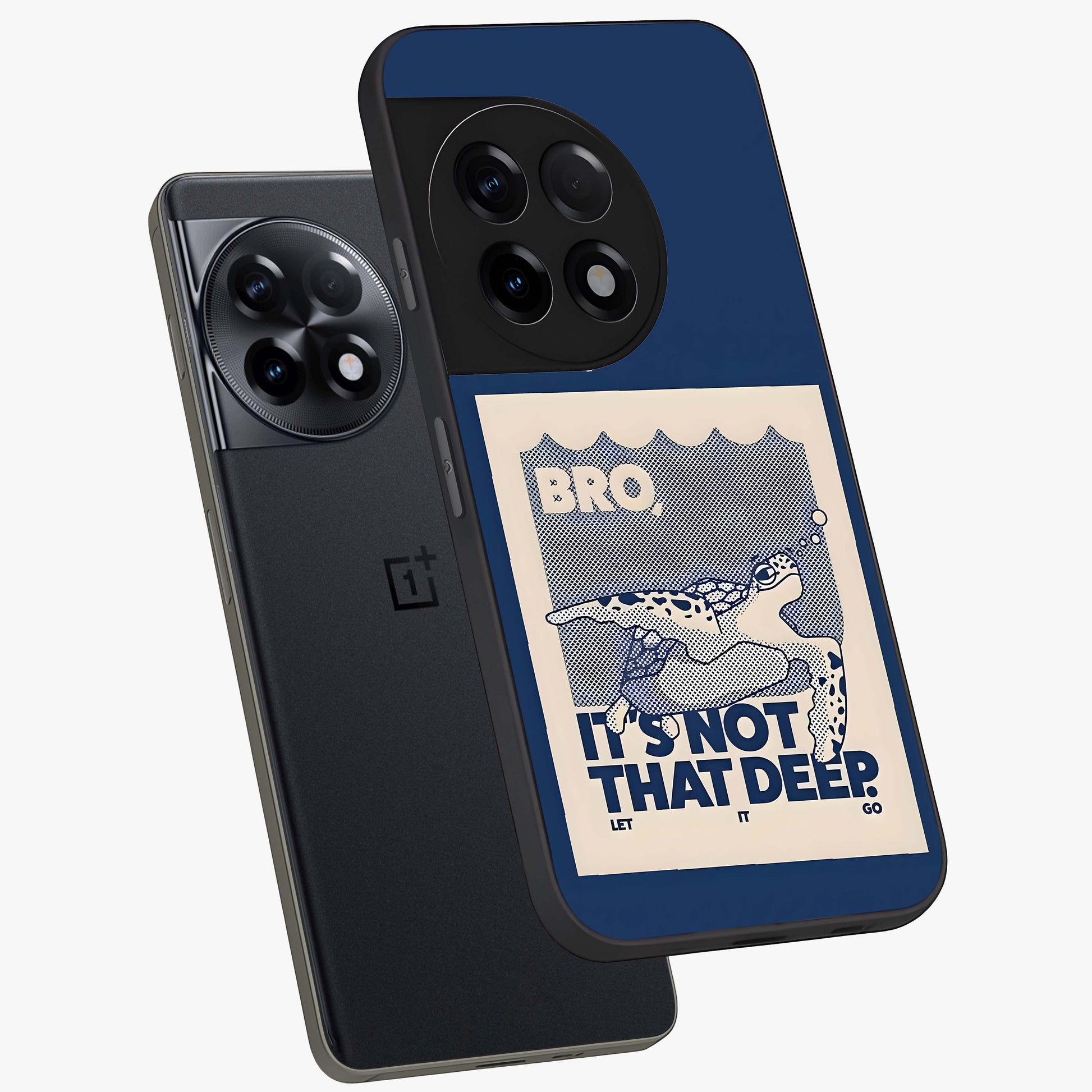 Worry Less Swim Glass Case for 1+11R angled mockup showcasing glossy finish and fresh ocean tones