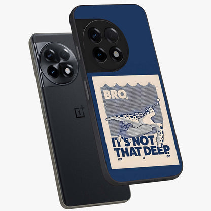 Worry Less Swim Glass Case for 1+11R angled mockup showcasing glossy finish and fresh ocean tones