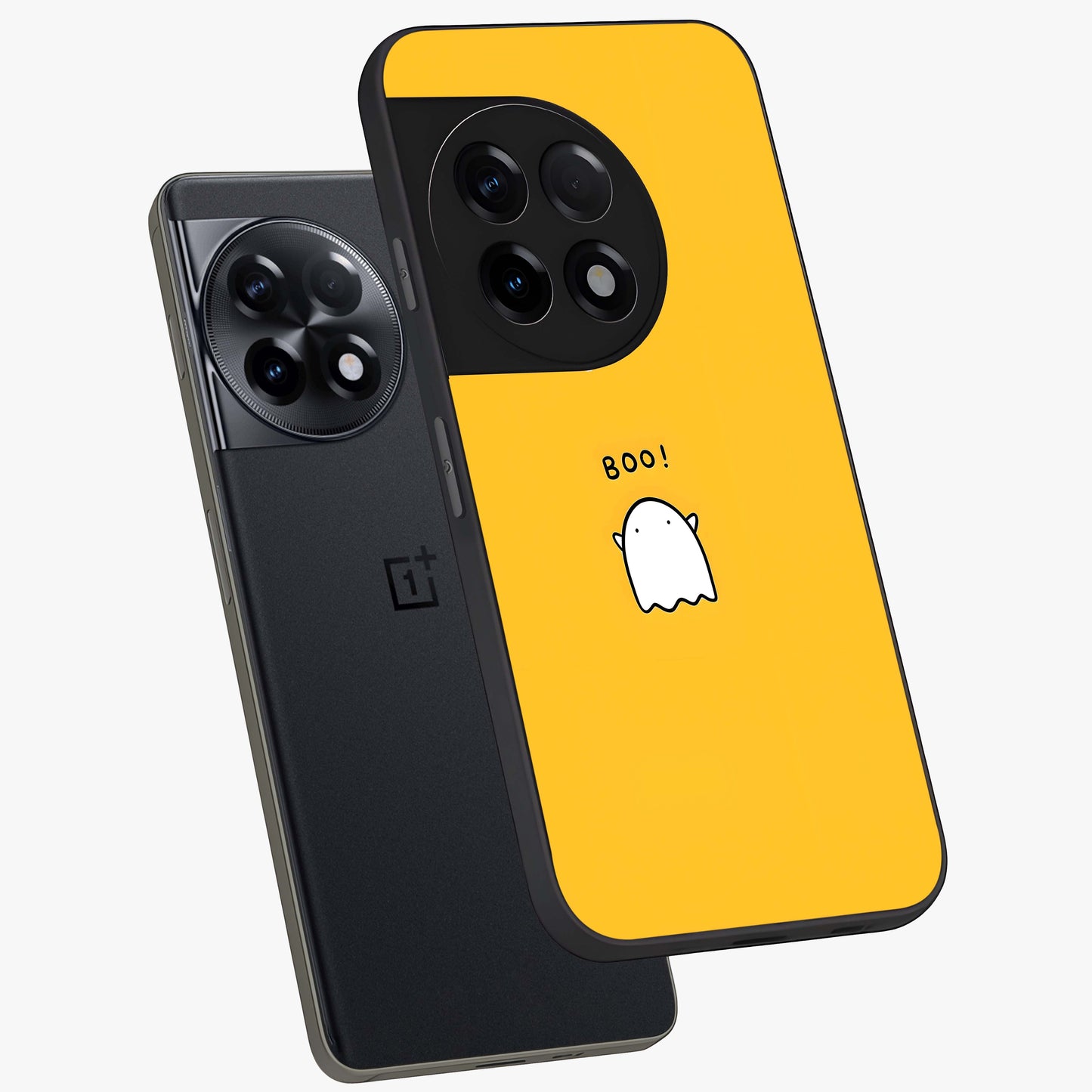 Yellow Boo Ghost Glass Case for 1+11R angled mockup showcasing glossy finish and fun animated detailing