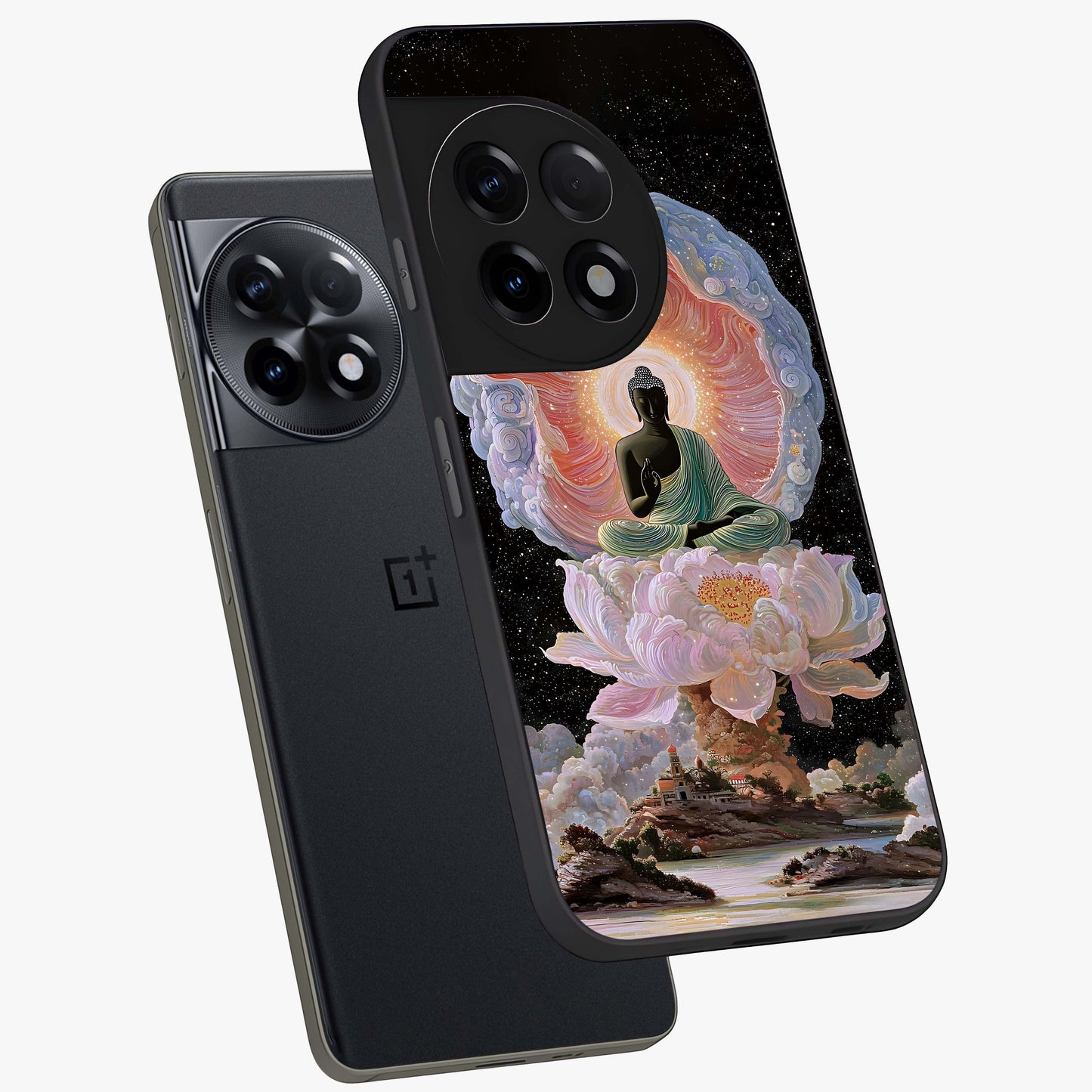 Zen Lotus Realm Glass Case for 1+11R angled mockup showcasing glossy finish and serene gradient detailing
