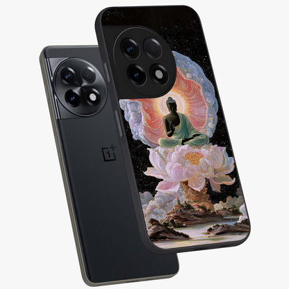 Zen Lotus Realm Glass Case for 1+11R angled mockup showcasing glossy finish and serene gradient detailing