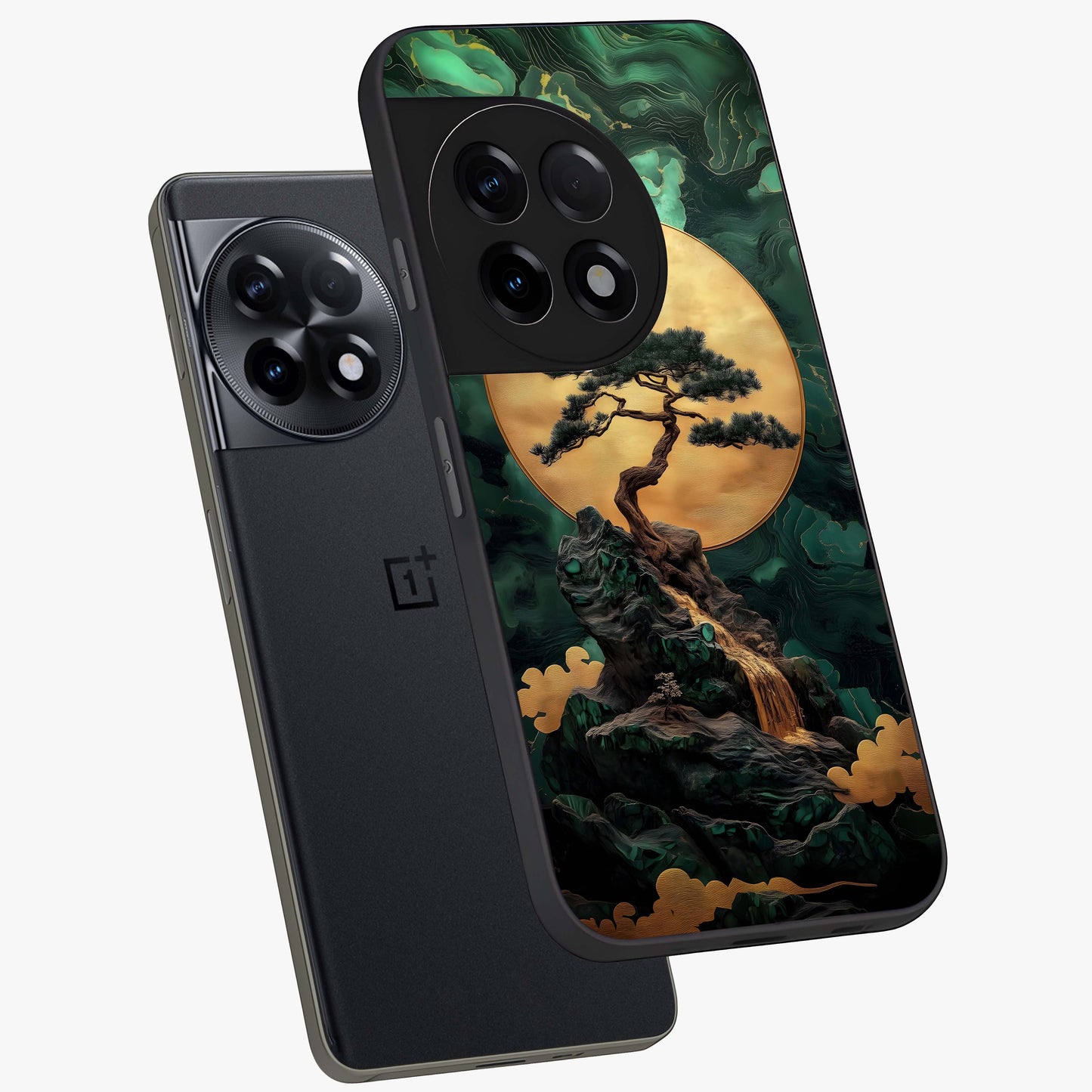 Zen Moon Rise Glass Case for 1+11R angled mockup showcasing glossy finish and soft night sky tones