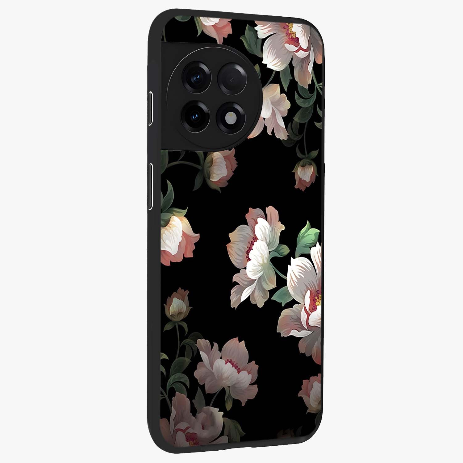 Abstract Embossed Blooming Bright Flower Glass Case for 1+11R side perspective highlighting bright embossed flower texture