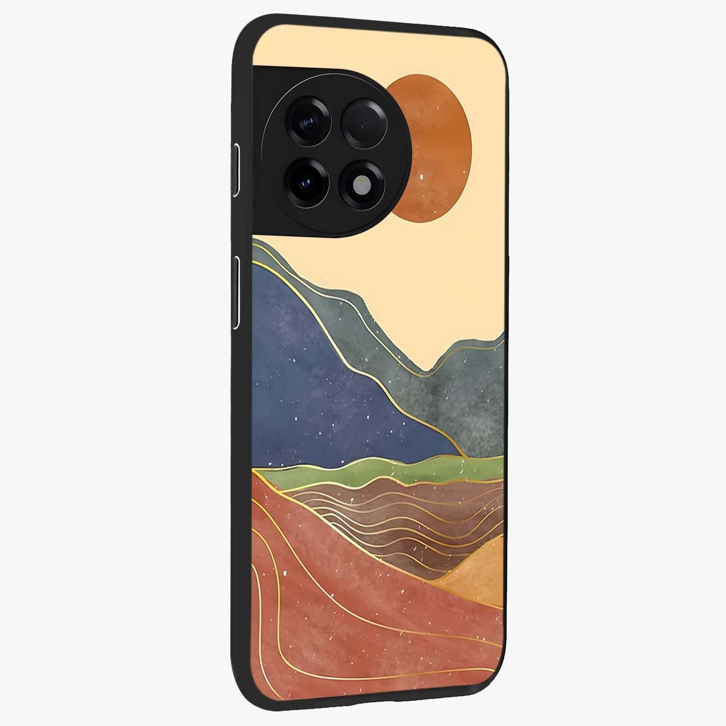 Abstract Mountain Glow Glass Case for 1+11R side perspective highlighting luminous mountain design details