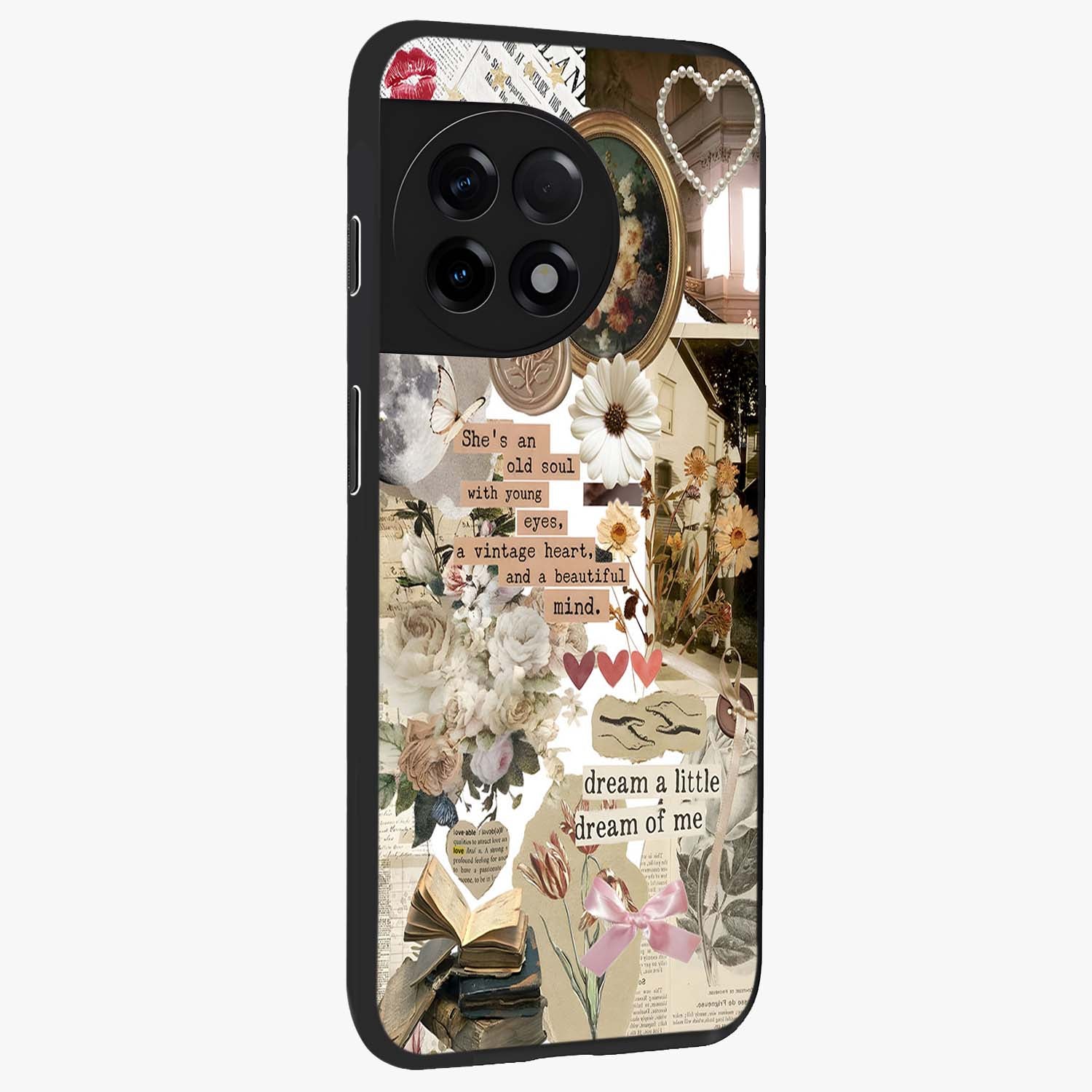 Aesthetic Brown Vintage Collage Glass Case for 1+11R side perspective highlighting detailed aesthetic collage elements