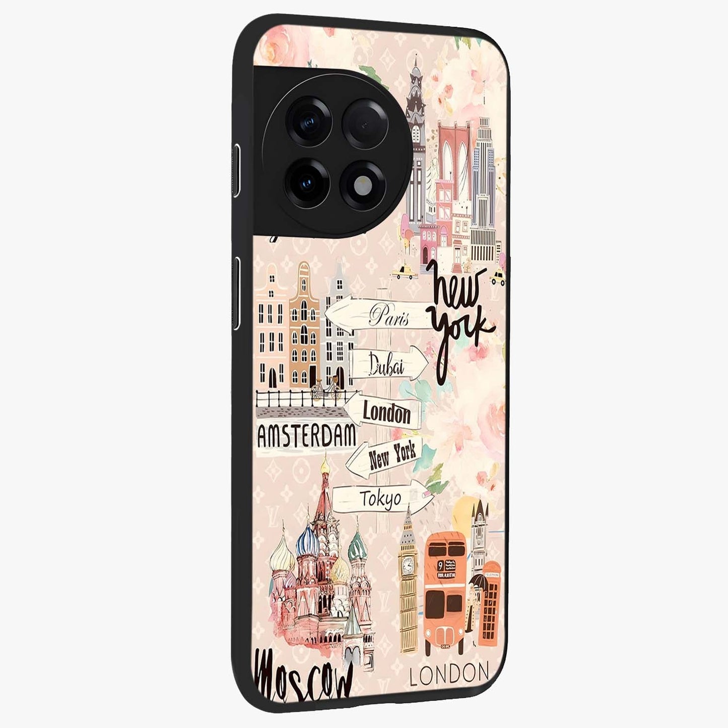 Aesthetic Travel Glass Case for 1+11R side perspective highlighting bold travel graphic details