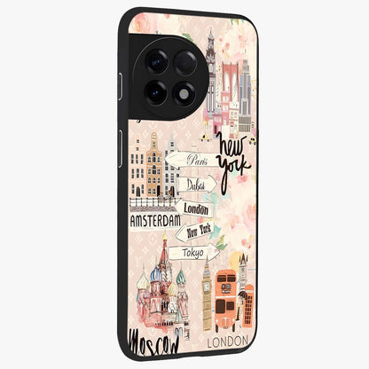 Aesthetic Travel Glass Case for 1+11R side perspective highlighting bold travel graphic details