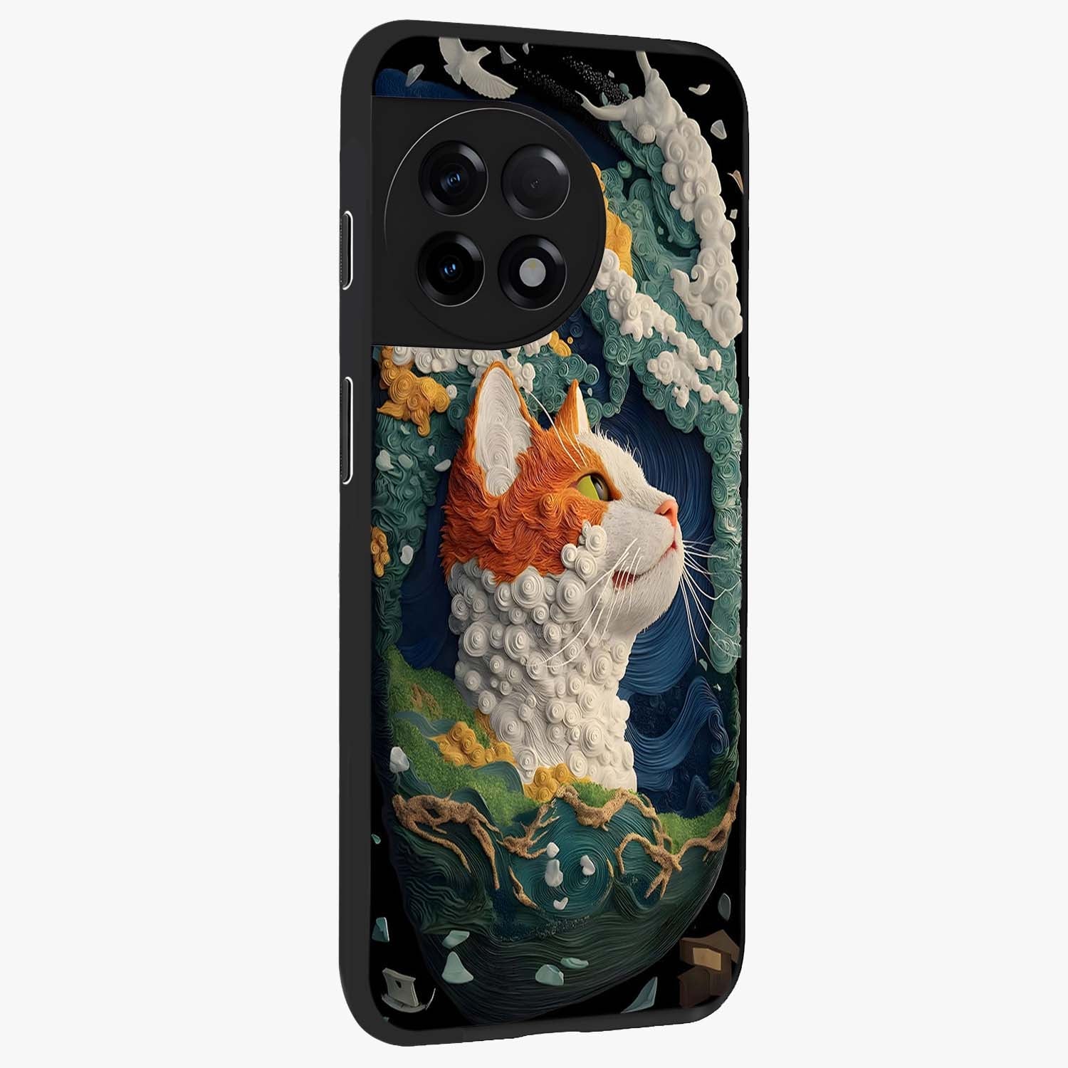 Aurora Cat Dreams Glass Case for 1+11R side perspective highlighting detailed feline illustration and smooth edges