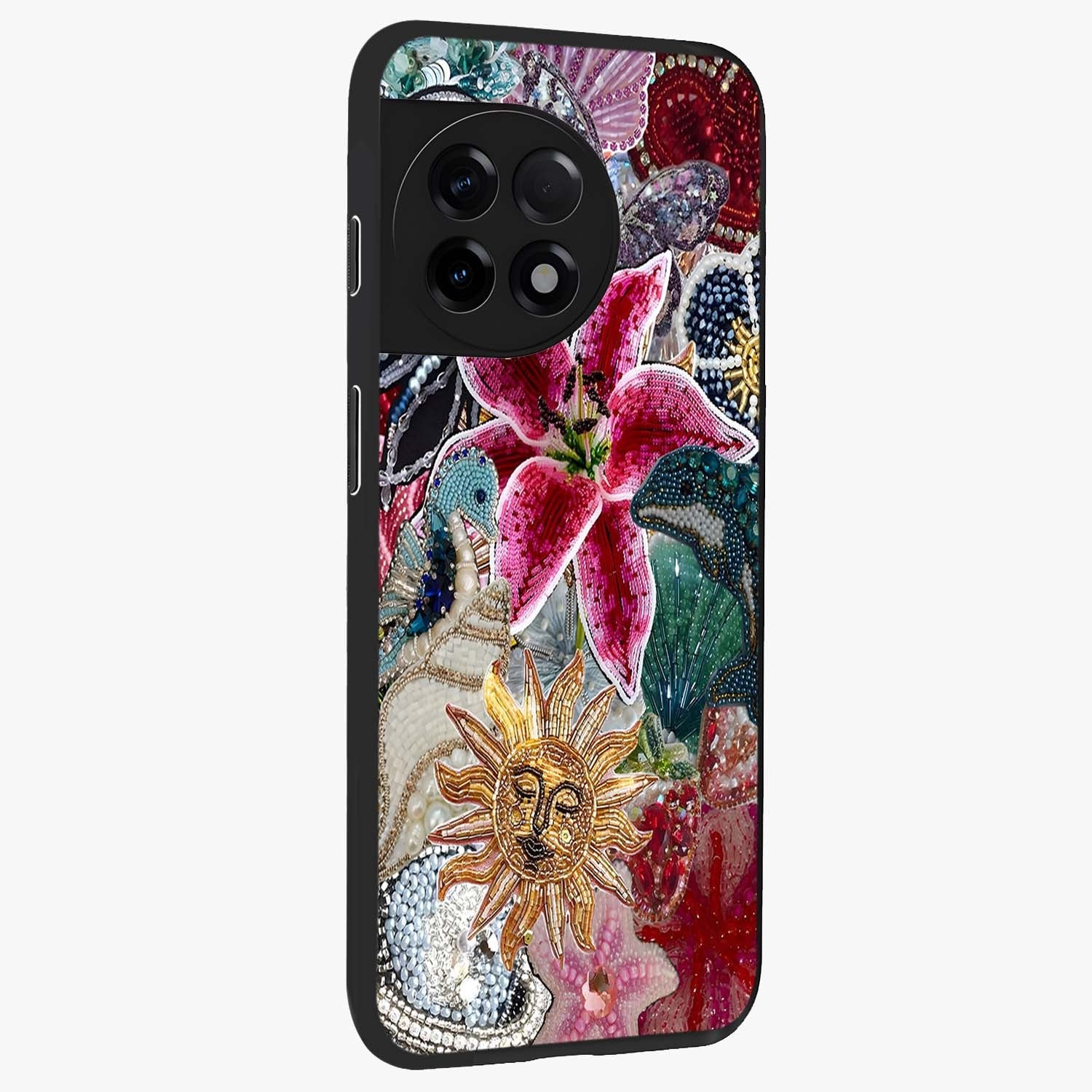 Beaded Garden Fantasy Glass Case for 1+11R side perspective highlighting intricate bead patterns and vibrant colors