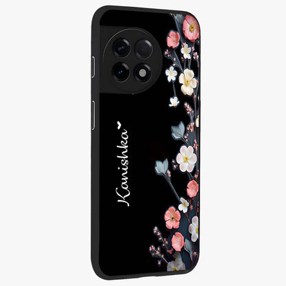Black Elegance Floral Custom Name Glass Case for 1+11R side perspective highlighting elegant floral detailing and premium edges