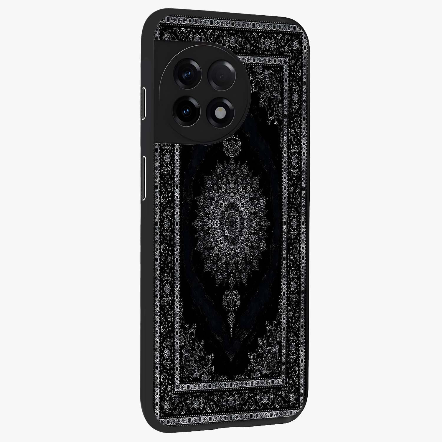 Black Persian Carpet Glass Case for 1+11R side perspective highlighting classic pattern textures and premium build