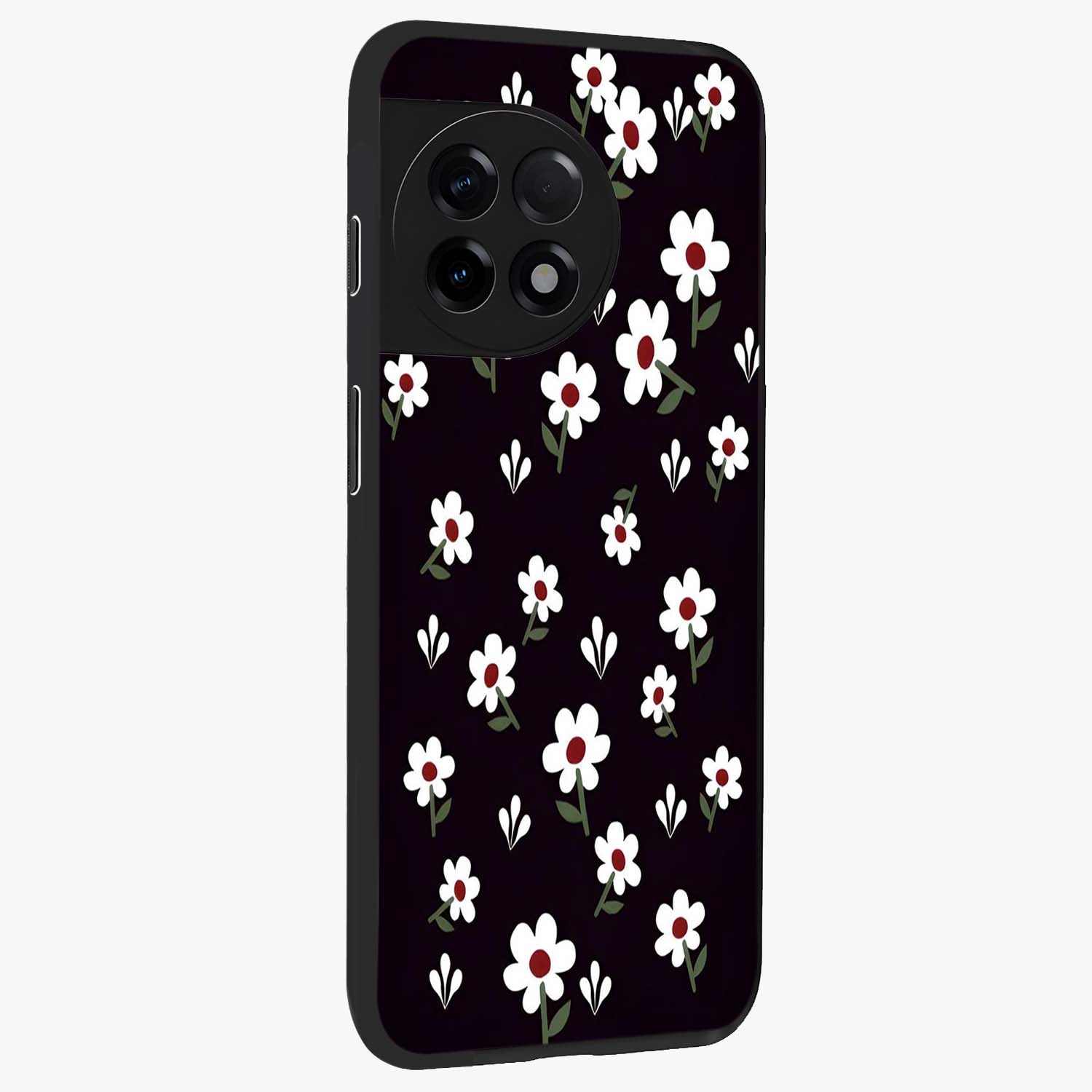 Black Prints Daisy Flower Pattern Glass Case for 1+11R side perspective highlighting delicate daisy details and smooth edges