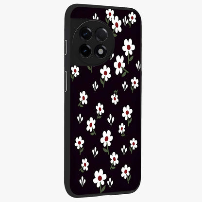 Black Prints Daisy Flower Pattern Glass Case for 1+11R side perspective highlighting delicate daisy details and smooth edges