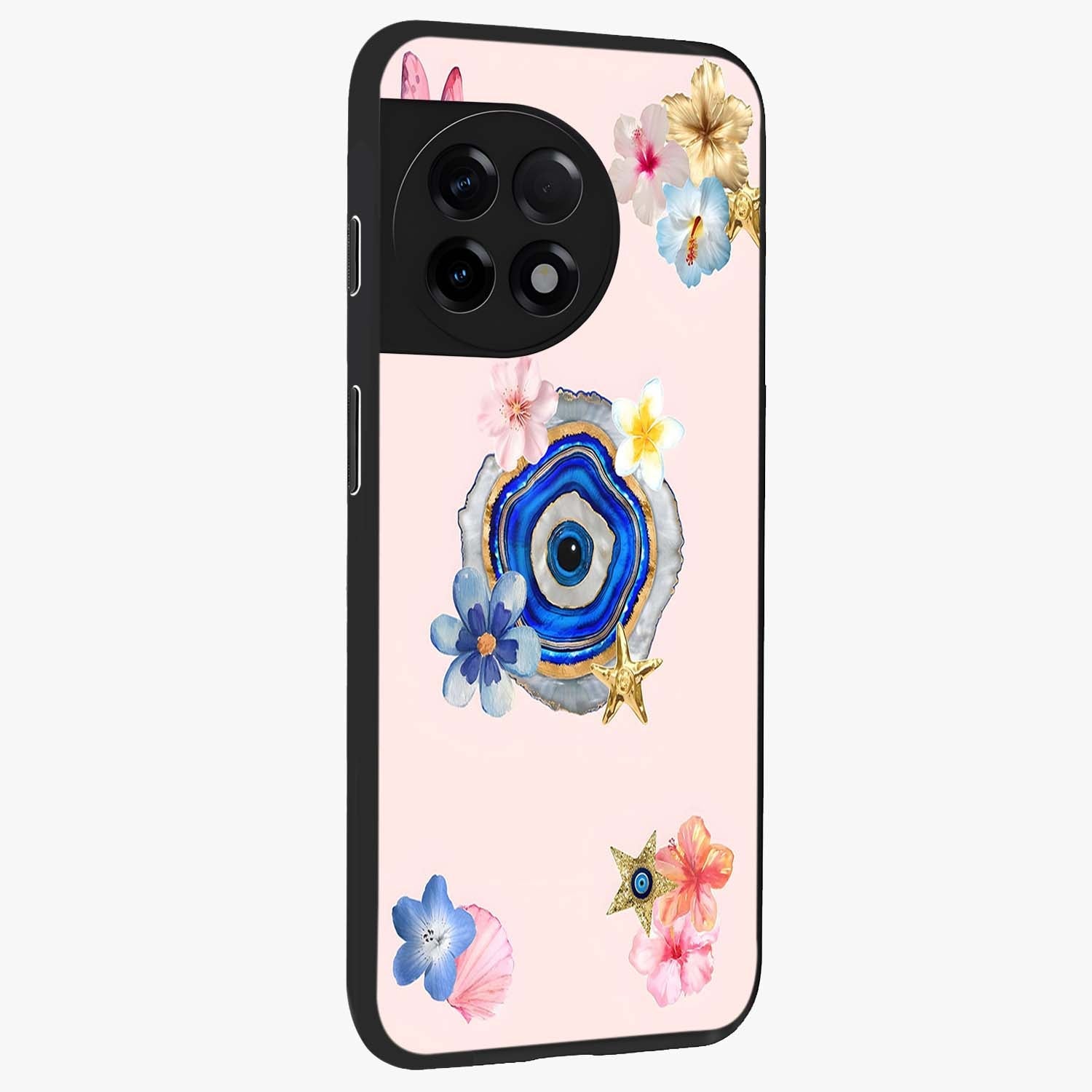 Blossom Evil Charm Glass Case for 1+11R side perspective highlighting delicate blossom detailing and bold symbol contrast