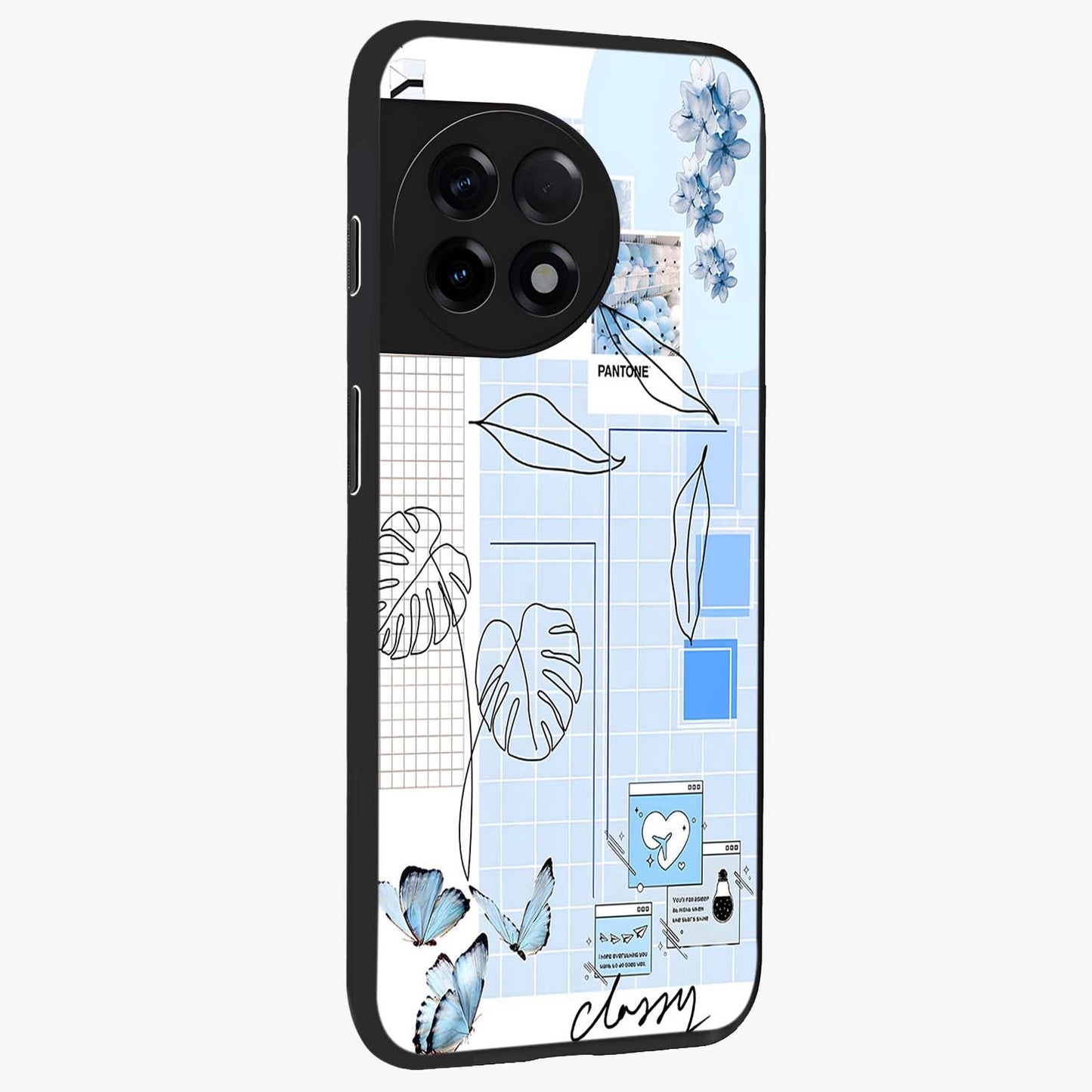 Blue Aesthetic Flower Glass Case for 1+11R side perspective highlighting calming blue tones and premium detailing