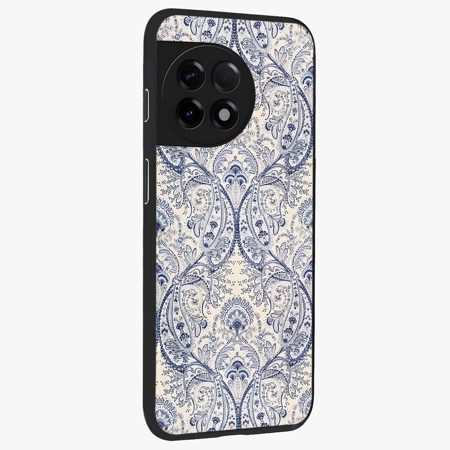 Blue Paisley Bloom Glass Case for 1+11R side perspective highlighting elegant paisley textures and premium build