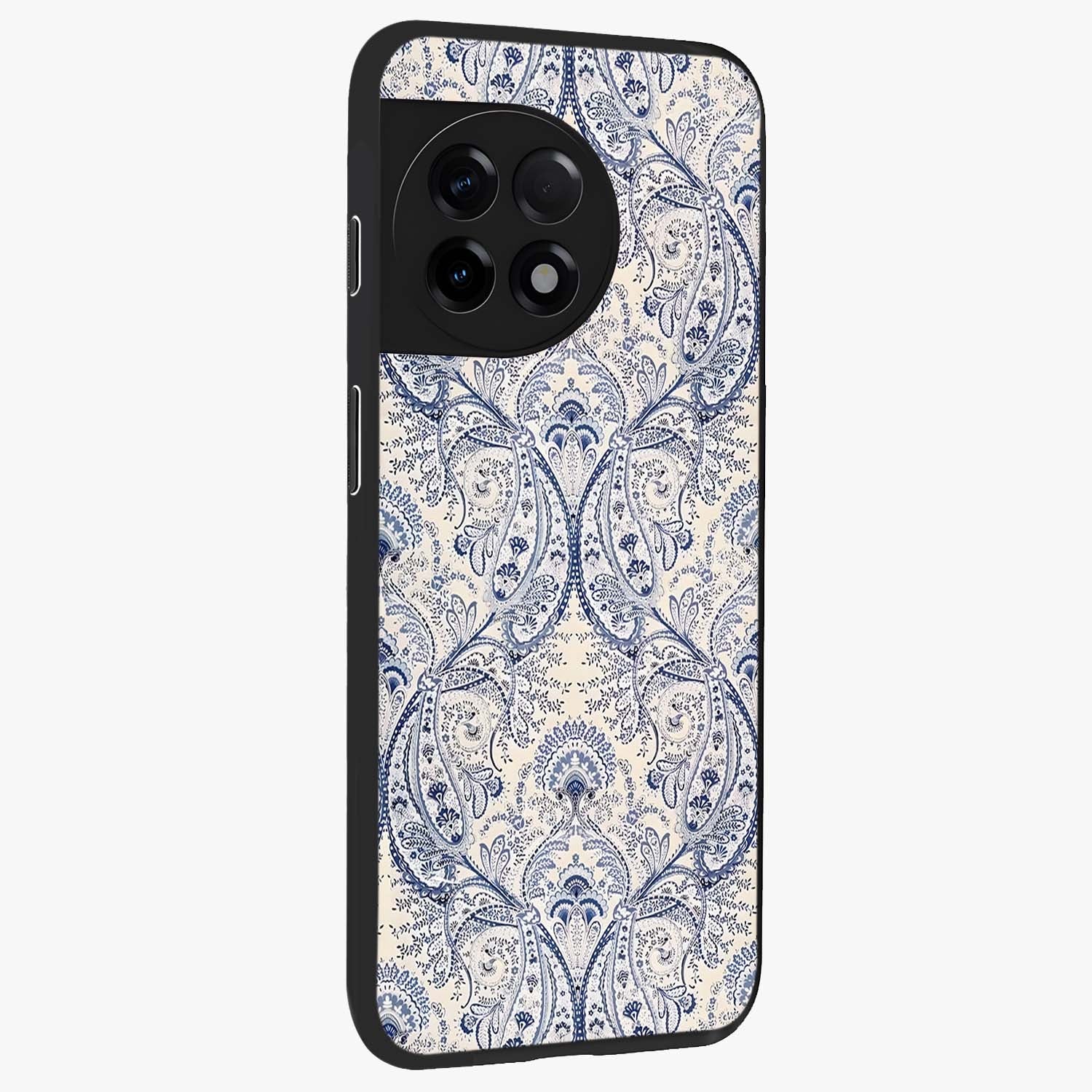 Blue Paisley Bloom Glass Case for 1+11R side perspective highlighting elegant paisley textures and premium build