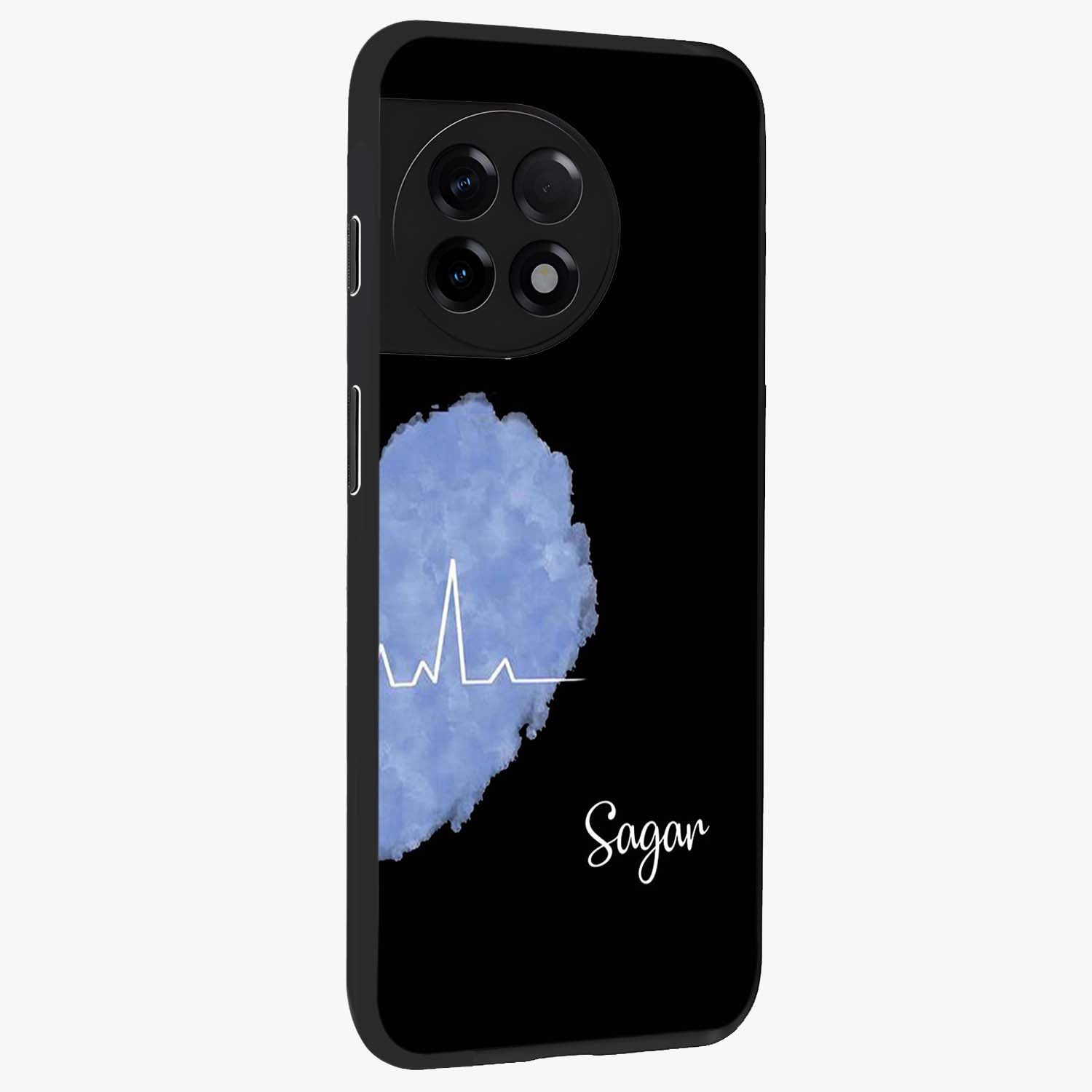 Blue Pulse Bond Glass Case for 1+11R side perspective highlighting sleek edges and modern blue detailing