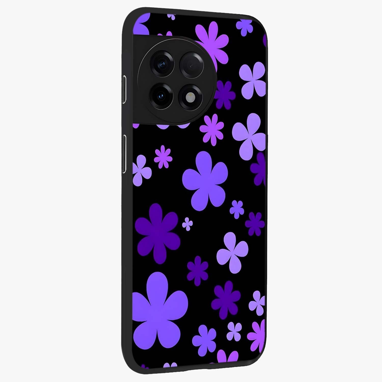 Blue Retro Pop Flowers Glass Case for 1+11R side perspective highlighting colorful vintage floral detailing