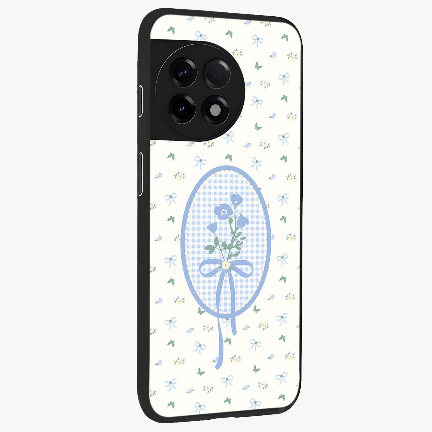 Blue Ribbon Bloom Glass Case for 1+11R side perspective highlighting graceful floral design and premium edges