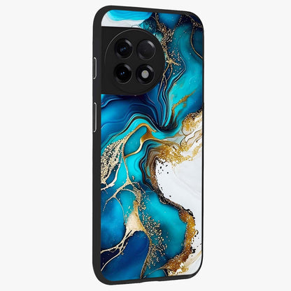 Blue and White Marble With Golden Viens Art Glass Case for 1+11R side perspective highlighting rich marble textures and elegant gold accents