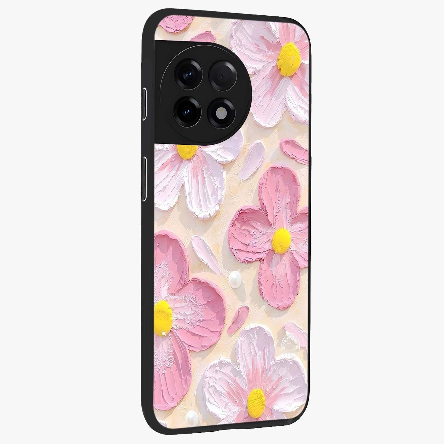 Blush Bloom Texture Glass Case for 1+11R side perspective highlighting rich floral textures and smooth edges