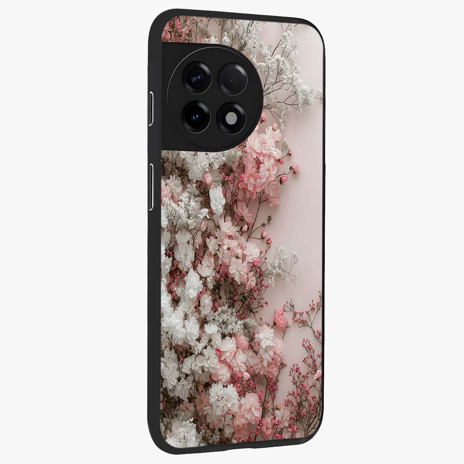 Blush Blossom Cloud Glass Case for 1+11R side perspective highlighting airy blush detailing and premium build