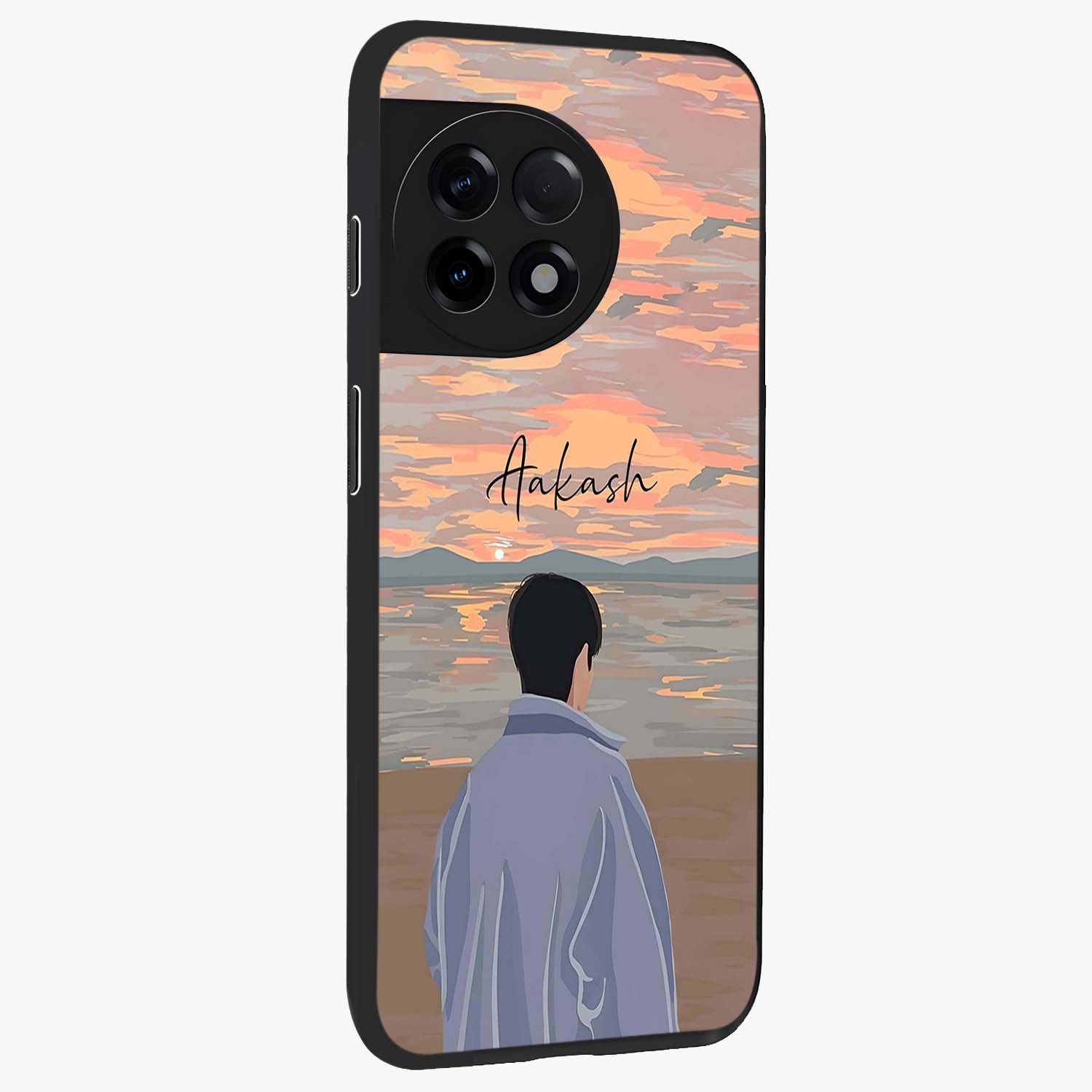 Boy Facing Sunset Beach Glass Case for 1+11R side perspective highlighting calming sunset gradients and smooth edges