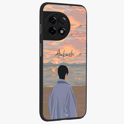 Boy Facing Sunset Beach Glass Case for 1+11R side perspective highlighting calming sunset gradients and smooth edges