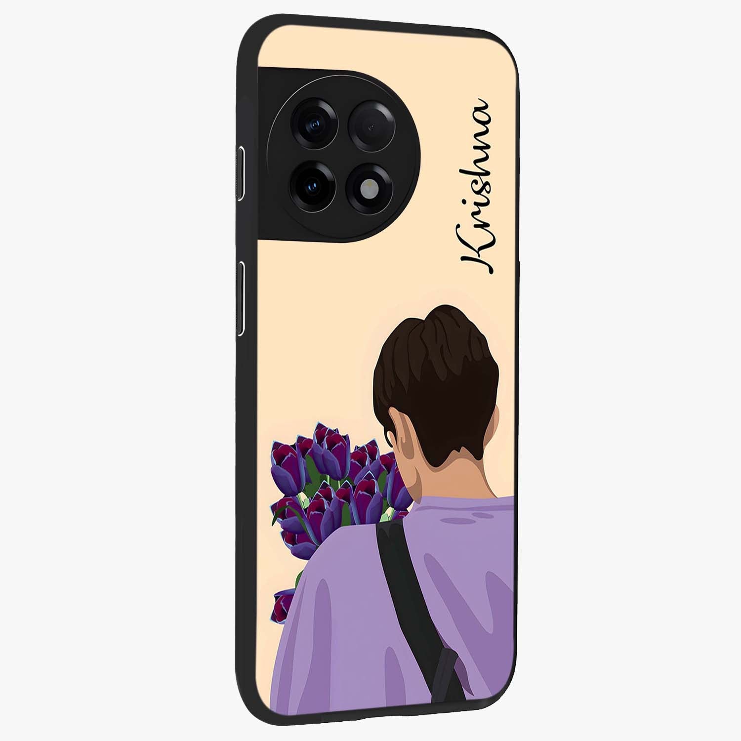 Boy Holding Flowers Glass Case for 1+11R side perspective highlighting delicate flower details and premium build