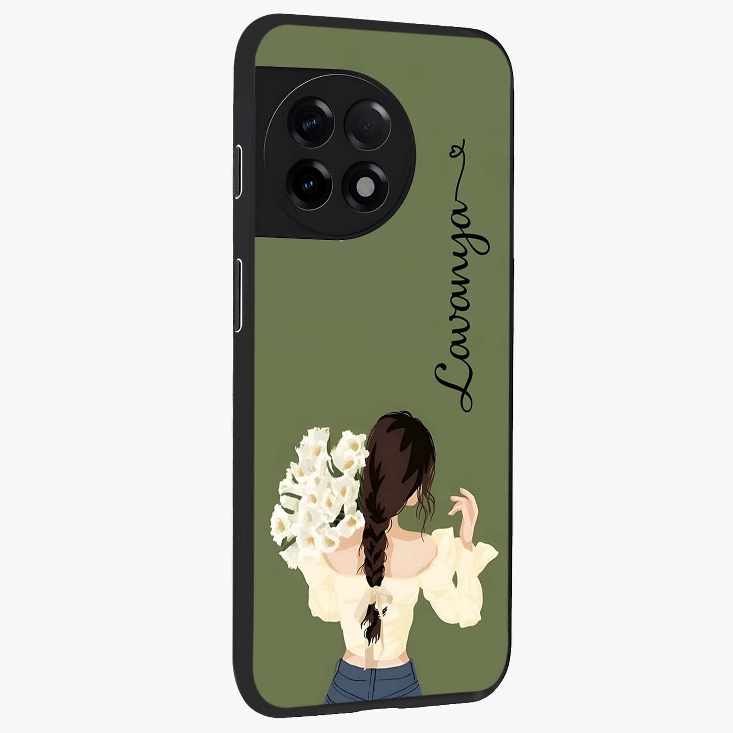 Braided Spring Beauty With Custom Name Glass Case for 1+11R side perspective highlighting custom name typography and smooth edges
