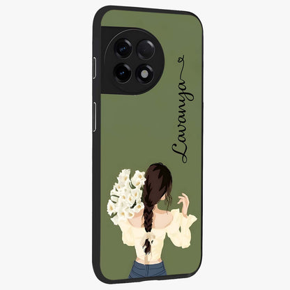 Braided Spring Beauty With Custom Name Glass Case for 1+11R side perspective highlighting custom name typography and smooth edges