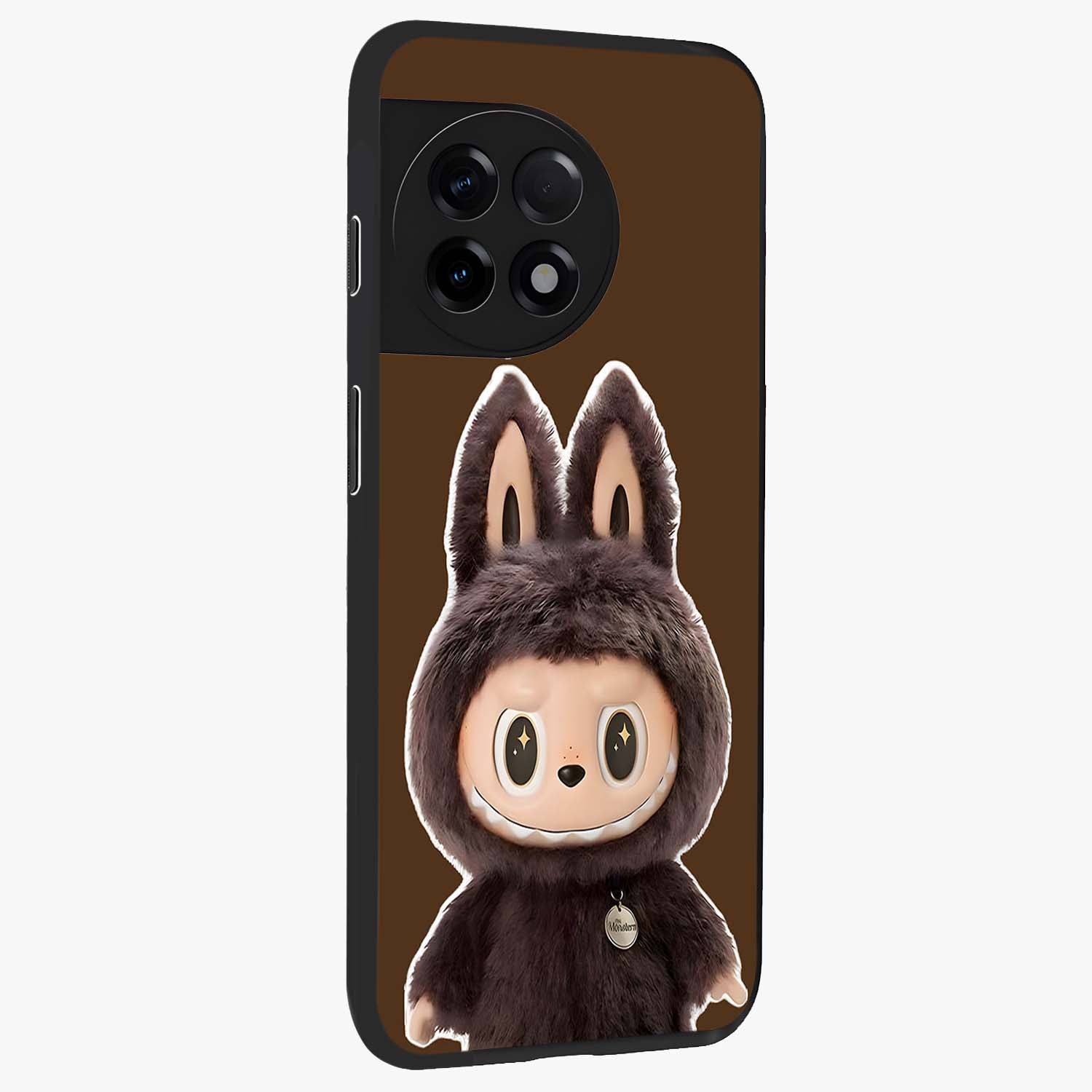 Brown Labubu Design Glass Case for 1+11R side perspective highlighting charming character detailing and smooth edges