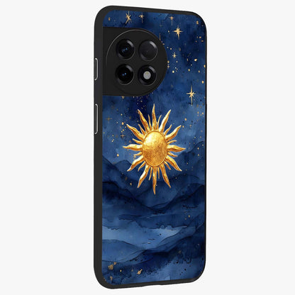 Celestial Blue Glow Glass Case for 1+11R side perspective highlighting vibrant glow detailing and sleek edges
