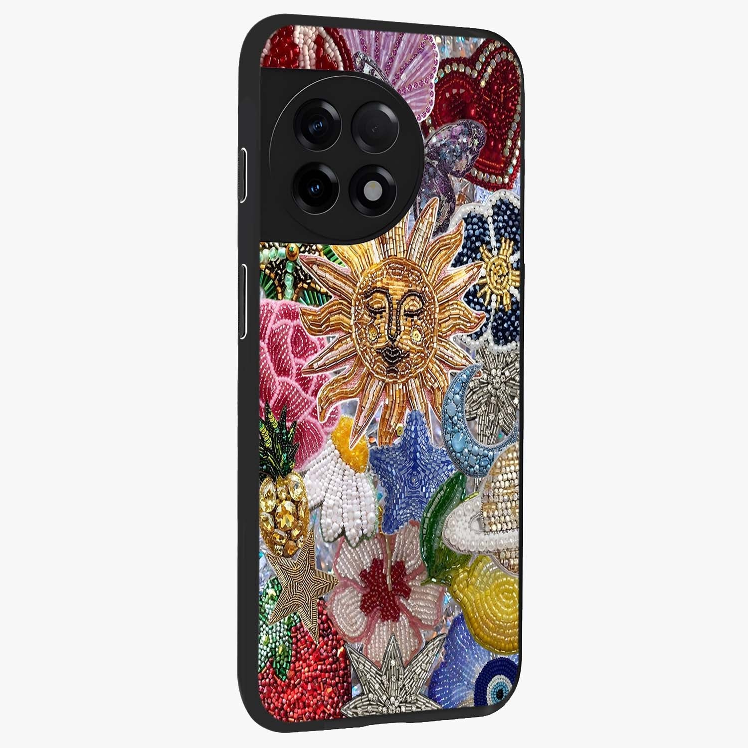 Celestial Floral and Playful Glass Case for 1+11R side perspective highlighting playful bloom textures and smooth edges