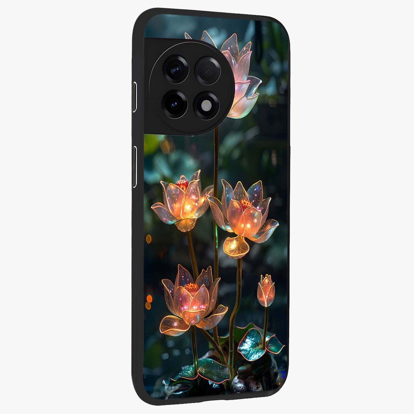 Celestial Lotus Light Glass Case for 1+11R side perspective highlighting delicate lotus detailing and premium finish