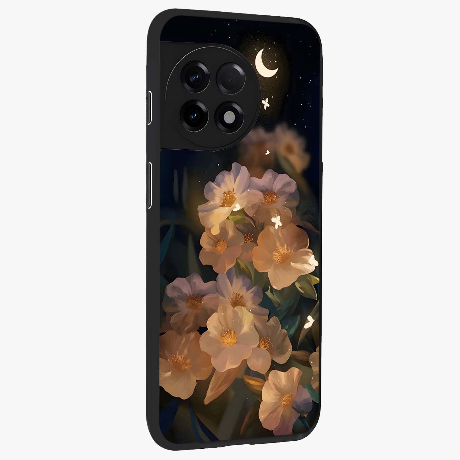 Celestial Petal Night Glass Case for 1+11R side perspective highlighting delicate petal details and premium edges